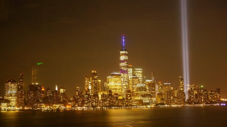 a view of a city skyline at night.