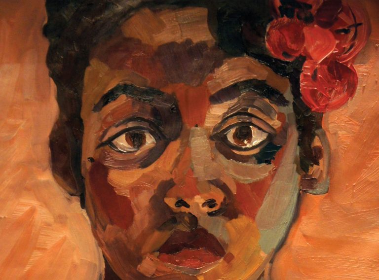 a painting of a woman with a flower in her hair.