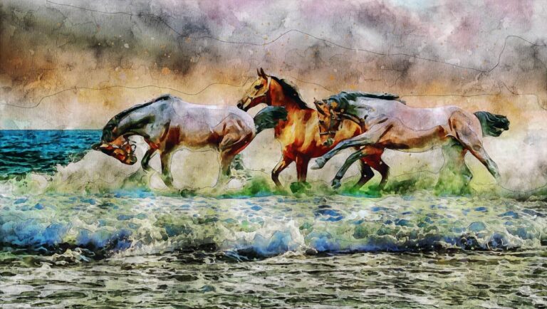 a painting of three horses running in the water.