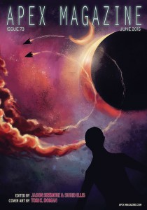 the cover of apex magazine featuring a man standing in front of a planet.