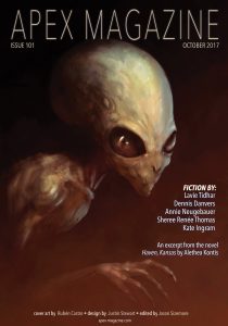 the cover of apex magazine with an alien face.