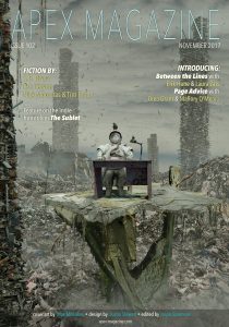 Apex Magazine Issue 102 cover with a man sitting on a table.