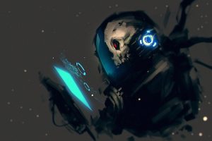 a digital painting of a robot with glowing eyes.