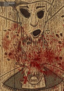 a drawing of a woman with blood on her face.