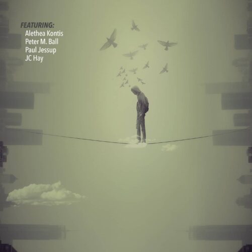 a man standing on a tightrope with birds flying overhead while holding a copy of Apex Magazine Issue 4.
