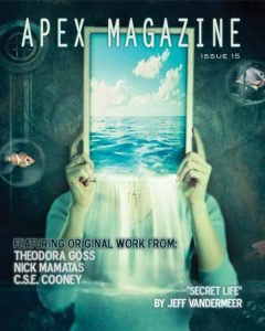 An Apex Magazine Issue 15 cover with a woman holding a tablet.