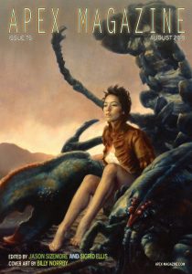 Apex Magazine Issue 75 cover with a woman sitting on a rock.