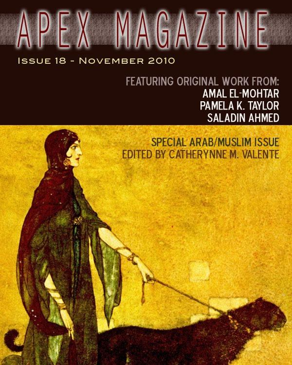 The cover of Apex Magazine Issue 18 featuring a woman walking a dog.