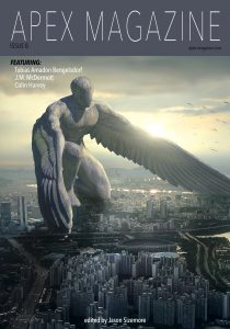 The cover of Apex Magazine Issue 8 with an angel sitting on top of a building.