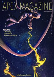 The cover of Apex Magazine Issue 12 featuring a man floating in space.