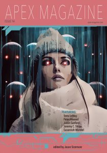 The cover of Apex Magazine Issue 14 featuring a woman with red eyes.