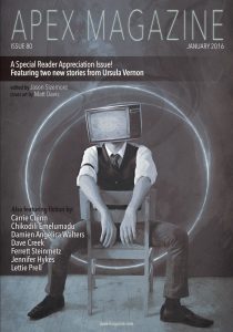 A man sitting in a chair with an Apex Magazine Issue 80 on his head.