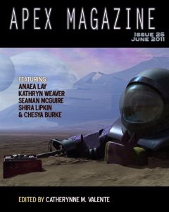 The cover of Apex Magazine Issue 25 featuring a sci-fi character laying on the ground.
