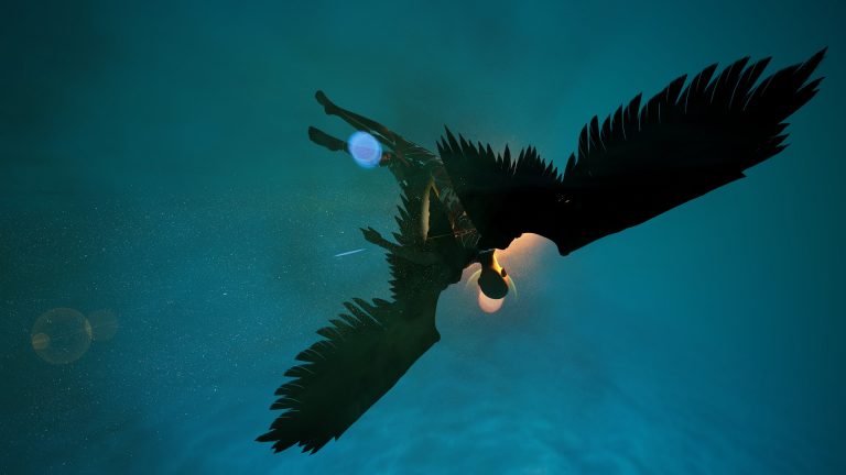 a large bird flying through a blue sky.