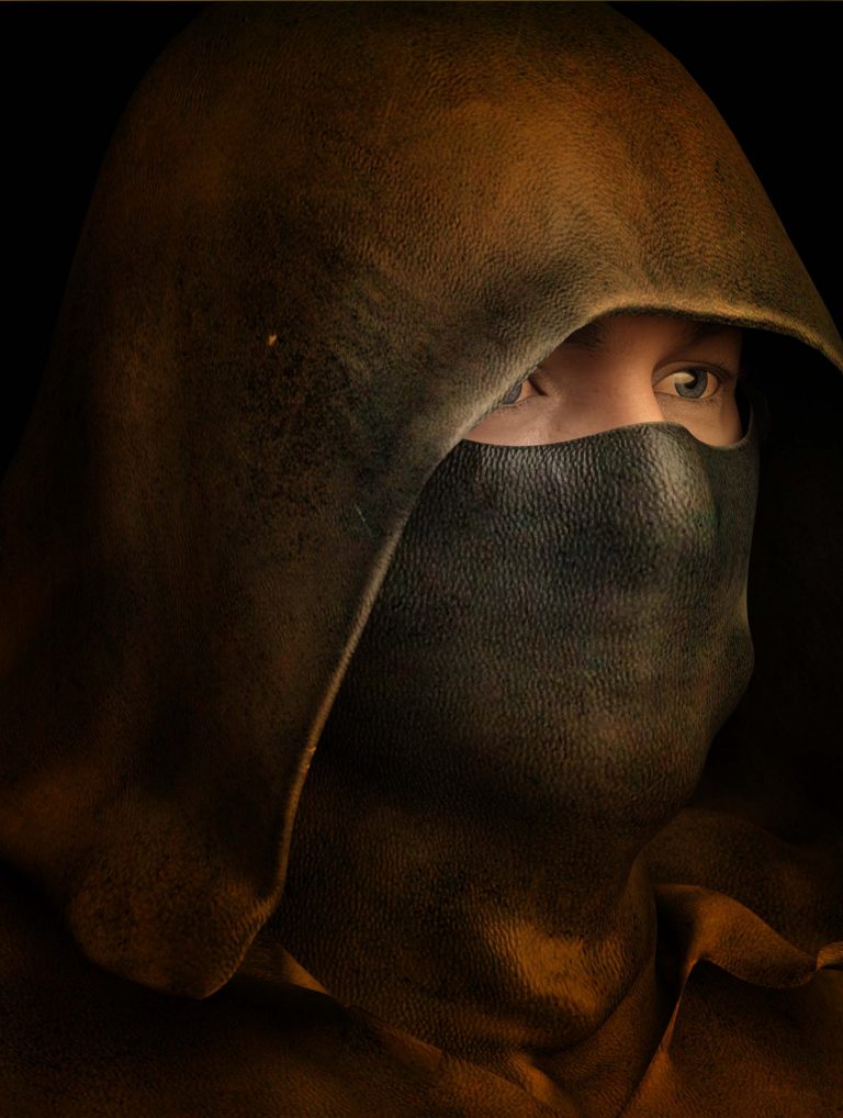 a person wearing a hooded hood and covering their face with a cloth.