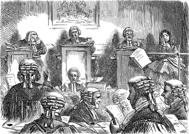 a black and white drawing of people in a courtroom.