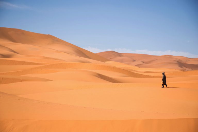 a person standing in the middle of a desert.