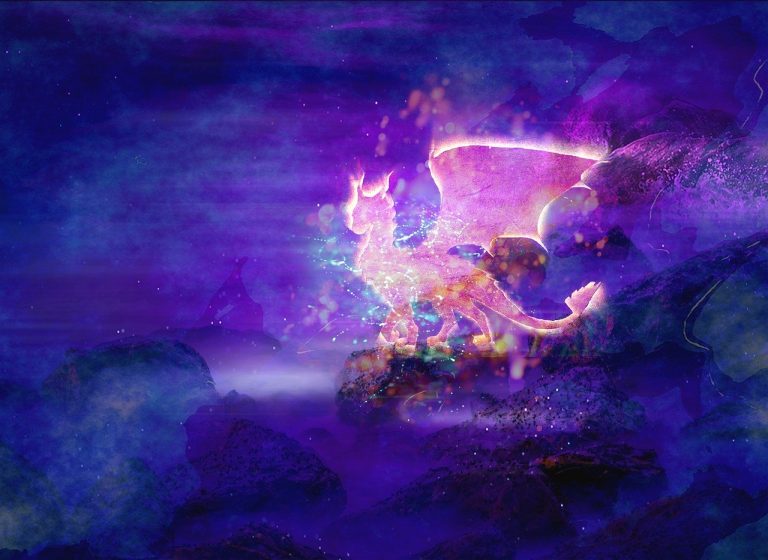 a digital painting of a dragon on a mountain.