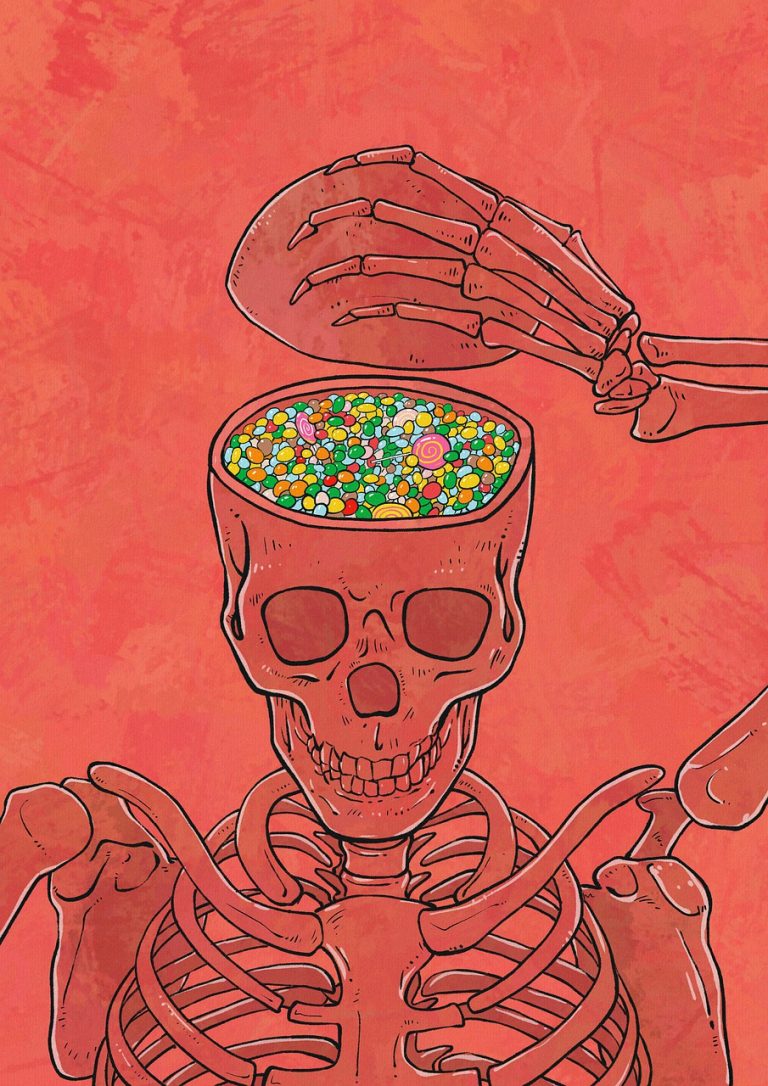a drawing of a skeleton with a bowl of sprinkles on its head.