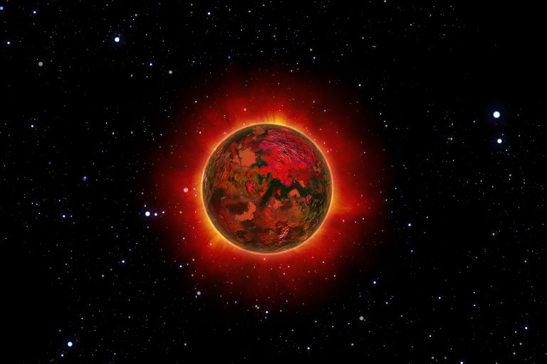 a red planet with a star in the background.