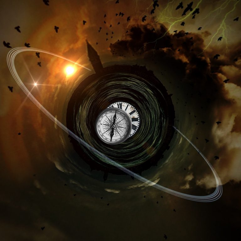 a picture of a clock in the middle of a vortex.