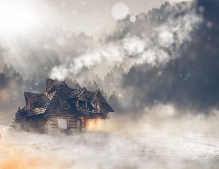 a house in the middle of a foggy forest.