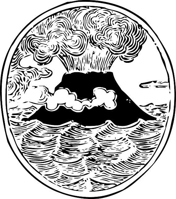 a black and white drawing of a volcano in the ocean.