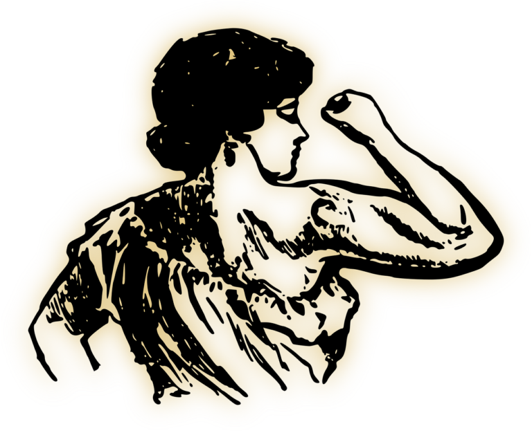 A drawing of a woman showing off her bicep.