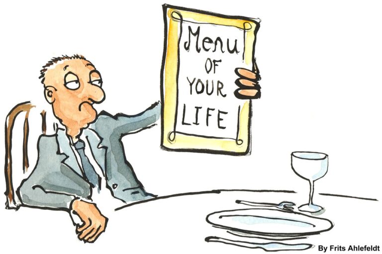 a cartoon of a man sitting at a table with a menu.