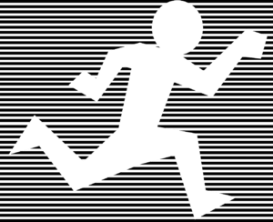 a white silhouette of a running man.