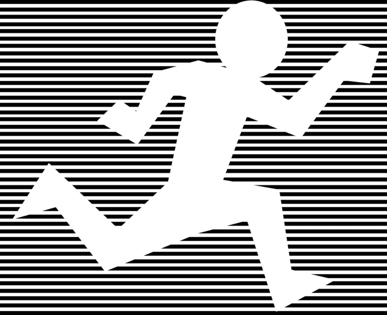 a white silhouette of a running man.