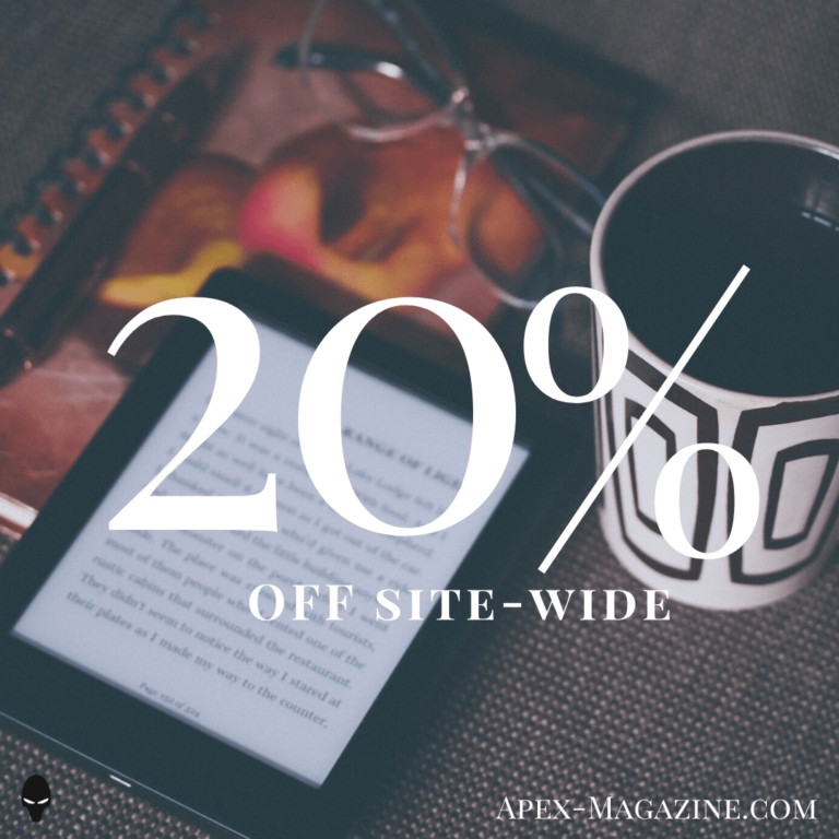a cup of coffee next to a tablet with the text 20 % off site wide.
