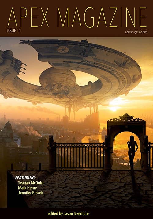 the cover of apex magazine with a man standing in front of a gate.
