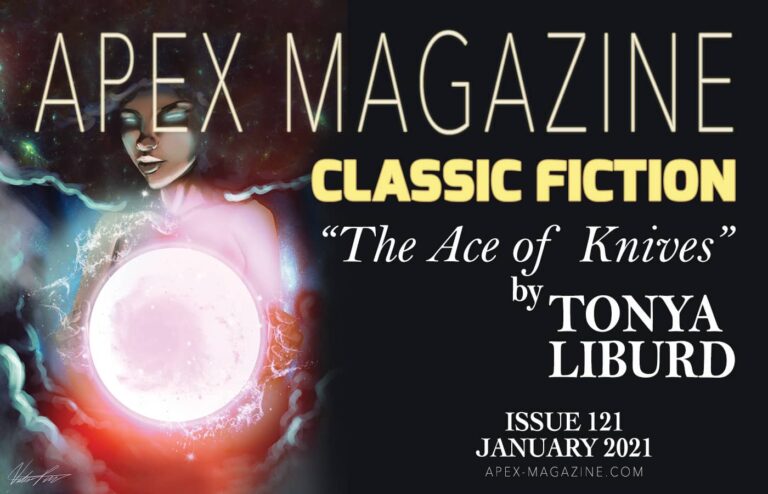 a poster for apex magazine with a woman holding a glowing ball.