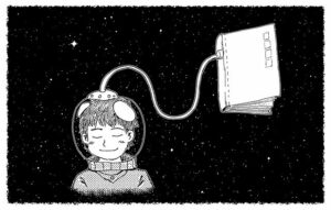 a drawing of a person with a book in their head.