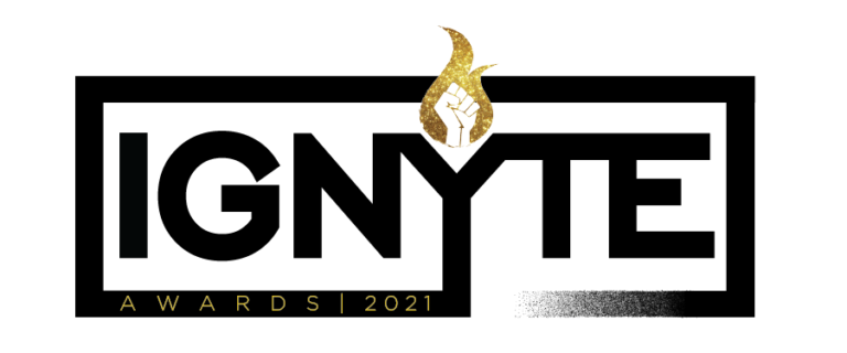 a black and white logo with a gold bird on it.