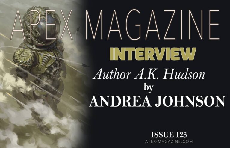 the cover of apex magazine interview with an image of a man in armor.