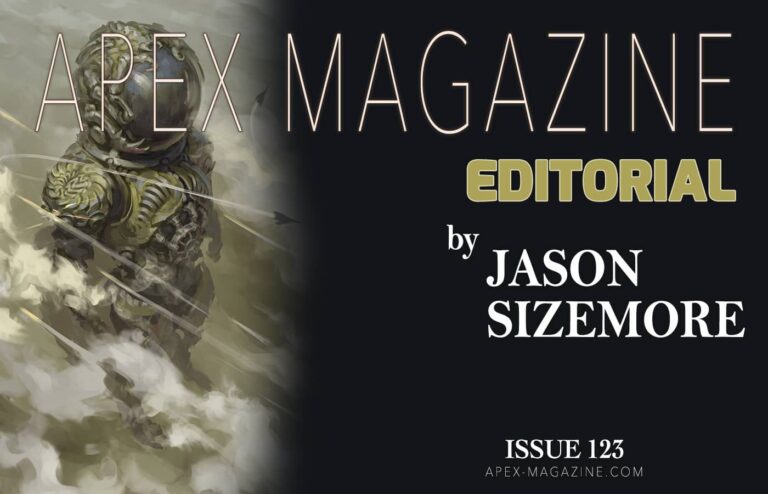 the cover of apex magazine editorial featuring a man in armor.