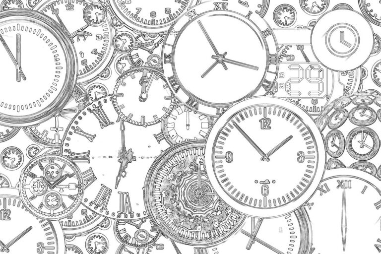 a black and white drawing of a bunch of clocks.