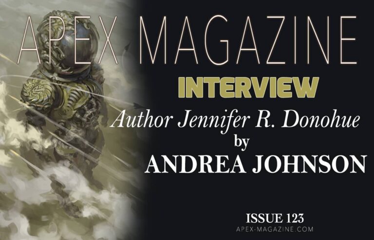 the cover of apex magazine interview with an image of a man in armor.