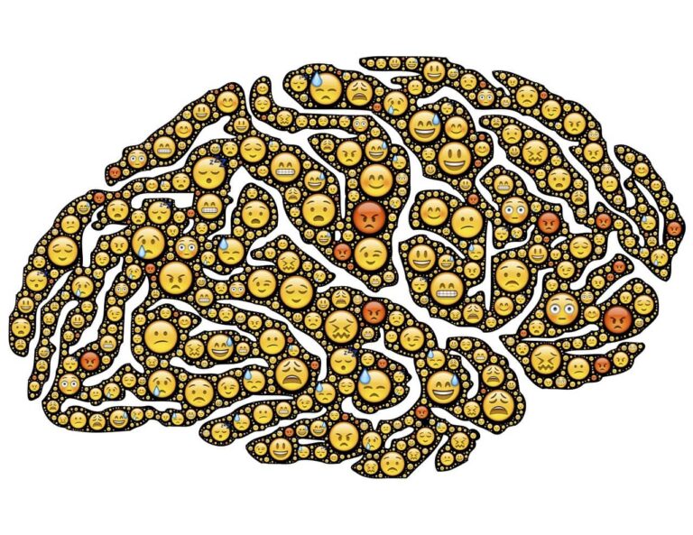a drawing of a brain made up of smiley faces.