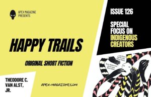 a yellow and black poster with the words happy trails.