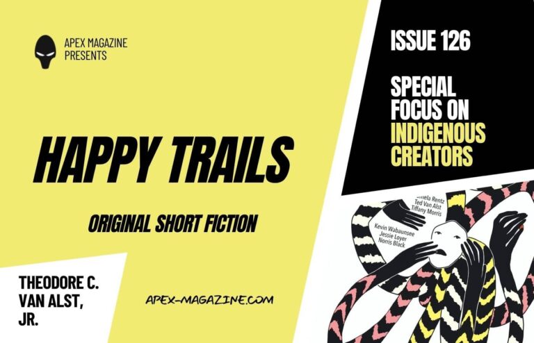 a yellow and black poster with the words happy trails.