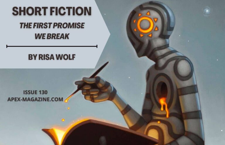 a robot holding a book with a caption that reads short fiction the first promise.