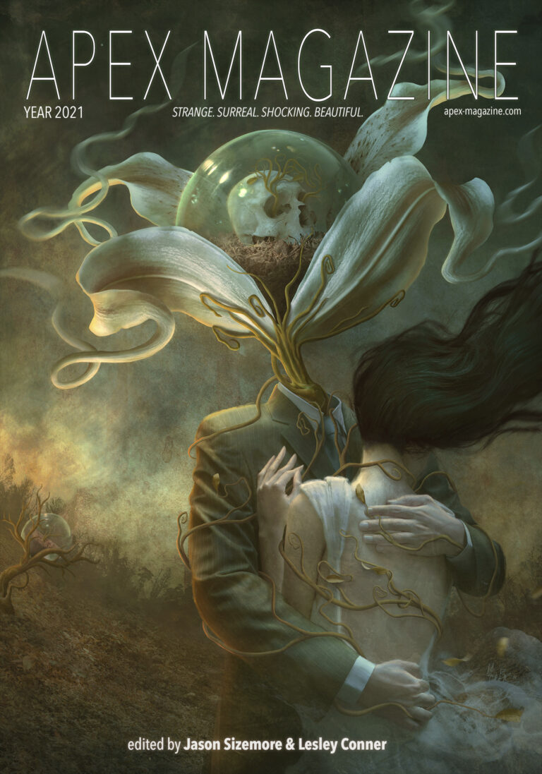 the cover of apex magazine featuring a woman hugging a man.