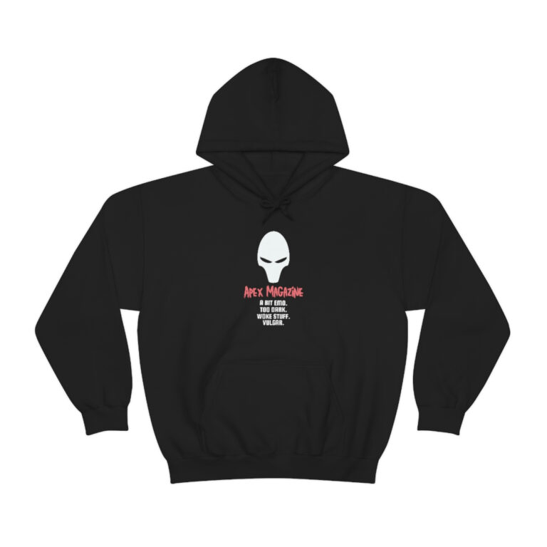 A Vulgar Apex Hoodie with an alien face on it.