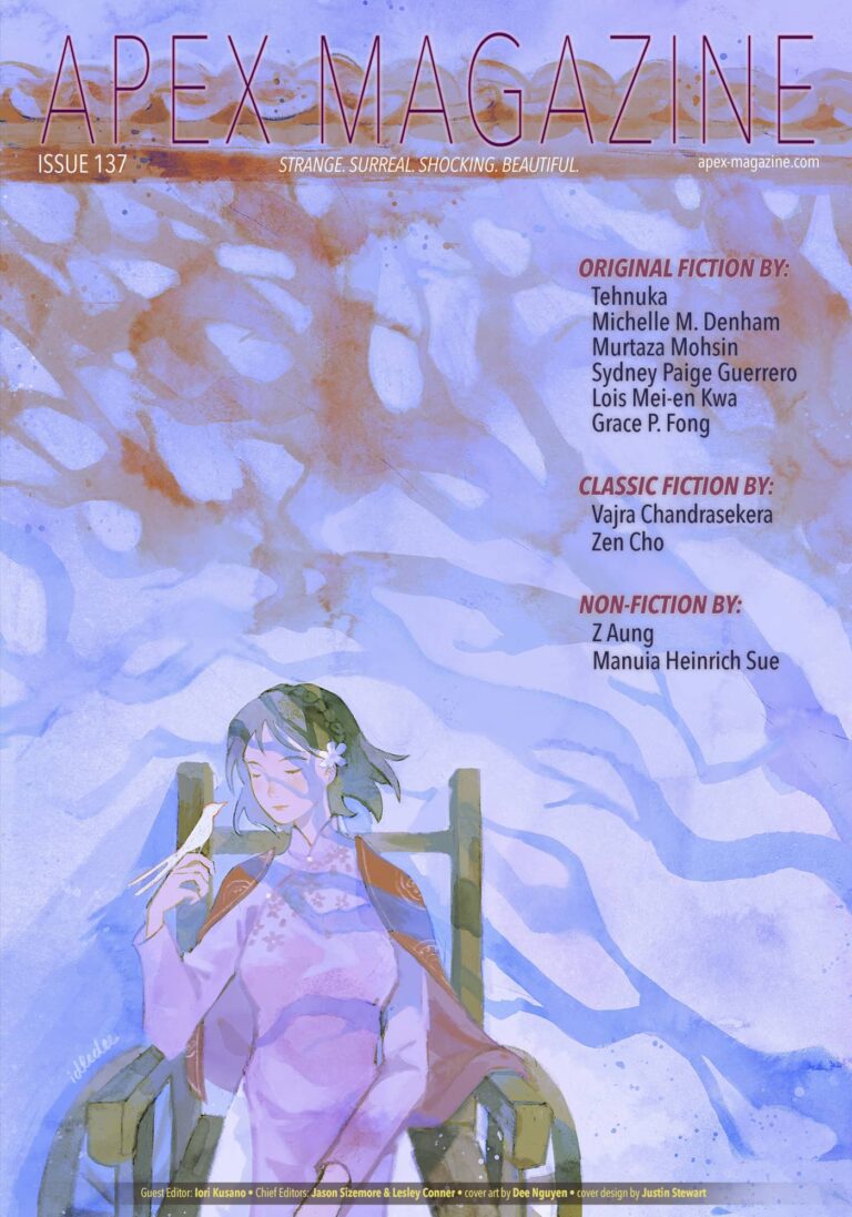 Apex Magazine Issue 137 cover with a woman sitting in a chair.