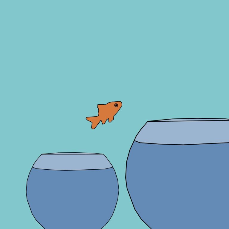 an illustration of a goldfish jumping out of a bowl.