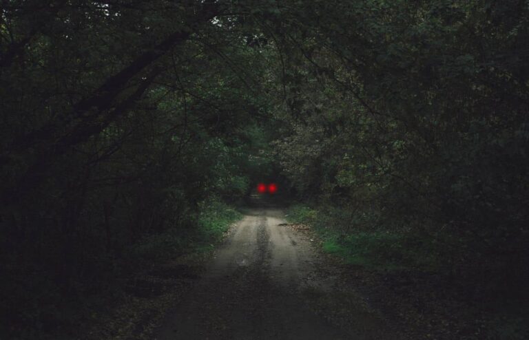 A dark road with a red light in the middle.
