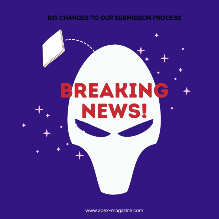 Graphic featuring an alien face silhouette with the text "breaking news!" and a book icon, against a purple background, announcing changes at apex-magazine.com.